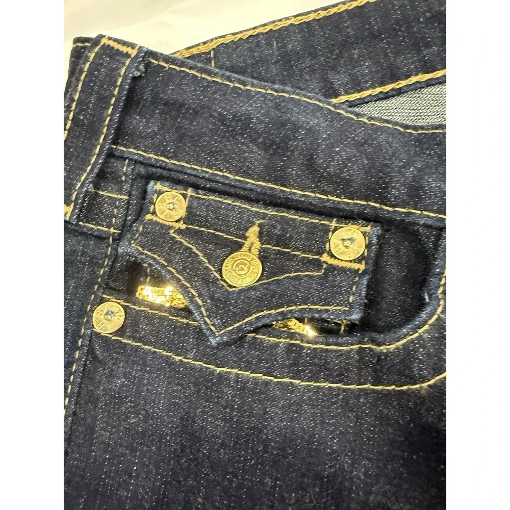Women's True Religion High-Rise Bootcut Dark Wash Flap Pocket Thick Stitch Sz 32